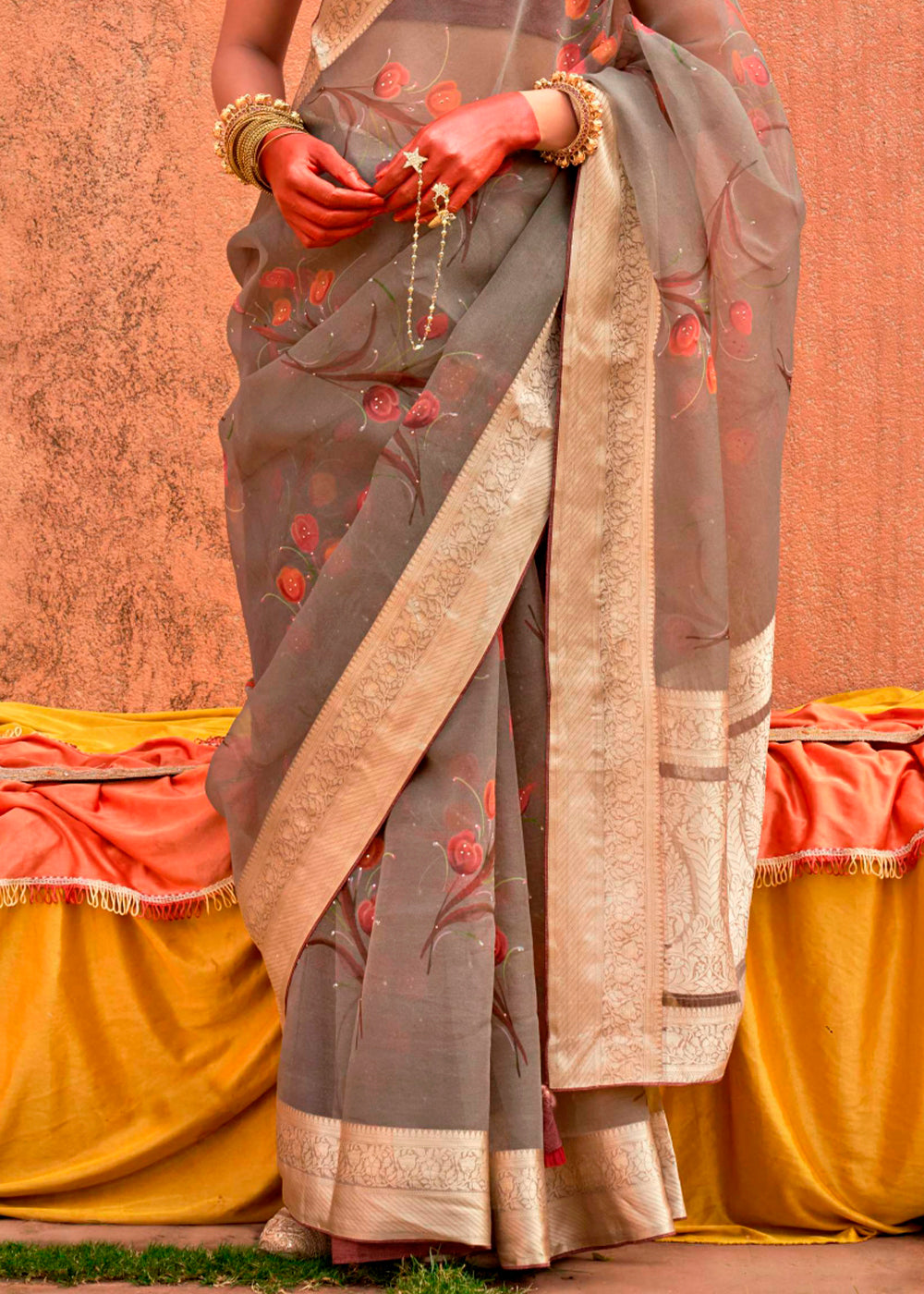  Gorgeous floral pattern on greyish brown designer organza silk saree, perfect for special occasions