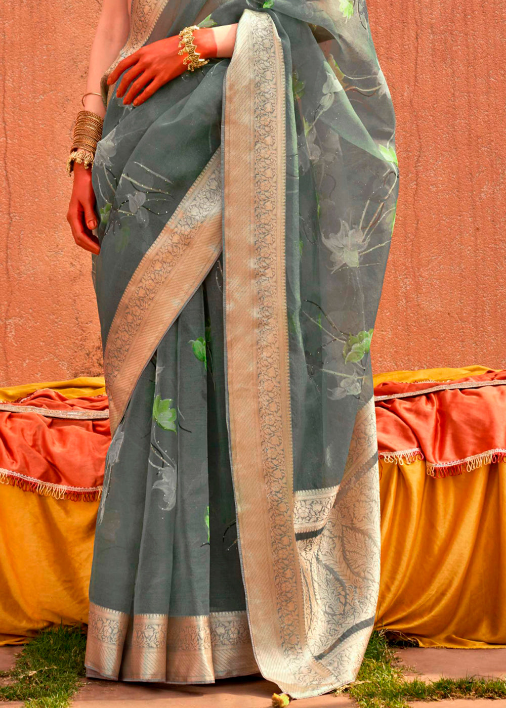  Elegant Steel Grey Floral Printed Designer Organza Silk Saree perfect for traditional and cultural festivities