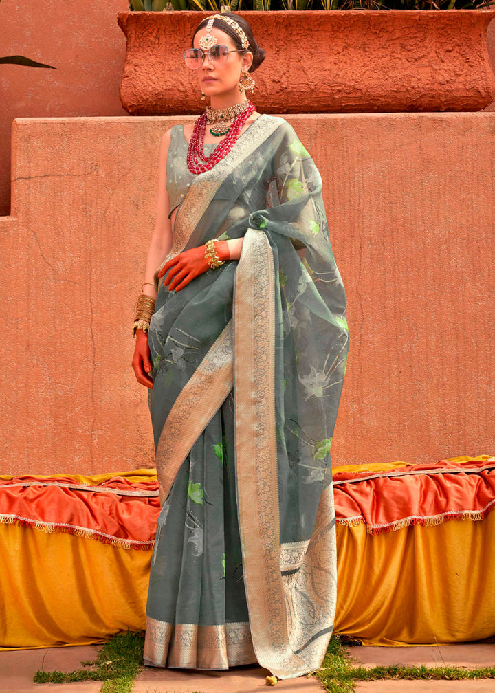 Steel Grey Floral Printed Designer Organza Silk Saree with intricate floral patterns and elegant color combination