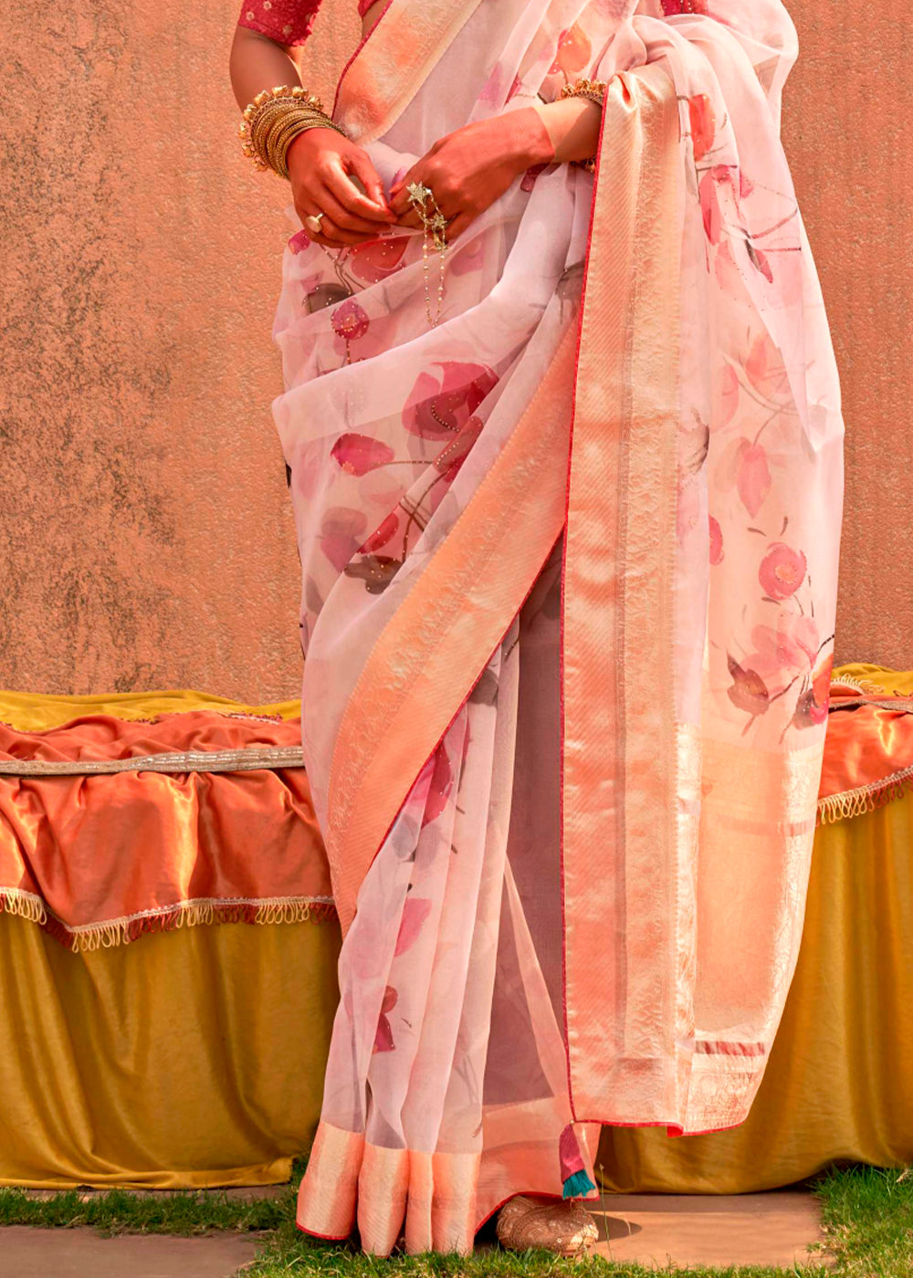  Exquisite Lace Pink Floral Printed Designer Organza Silk Saree for a timeless and elegant look