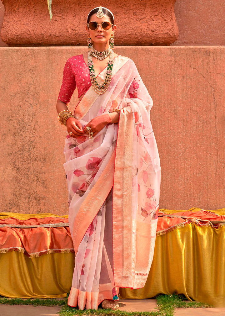 Lace Pink Floral Printed Designer Organza Silk Saree with intricate embroidery