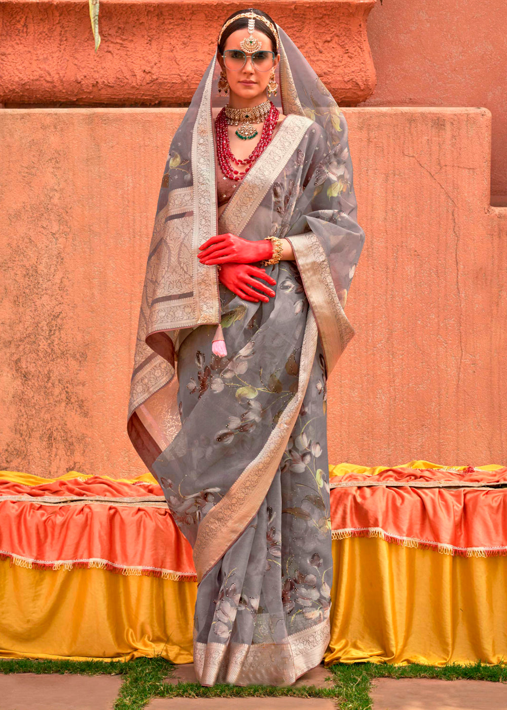 Beautiful Nobel Grey Floral Printed Designer Organza Silk Saree with intricate detailing