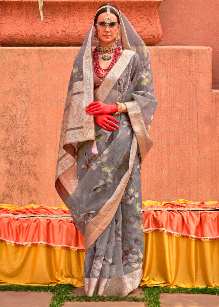 Beautiful Nobel Grey Floral Printed Designer Organza Silk Saree with intricate detailing