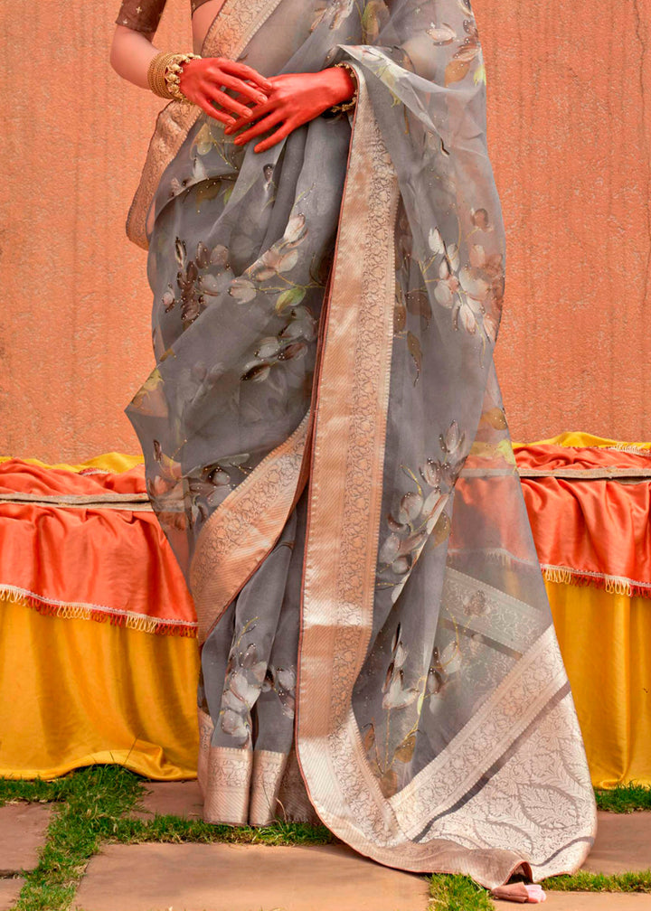 Nobel Grey Floral Printed Designer Organza Silk Saree