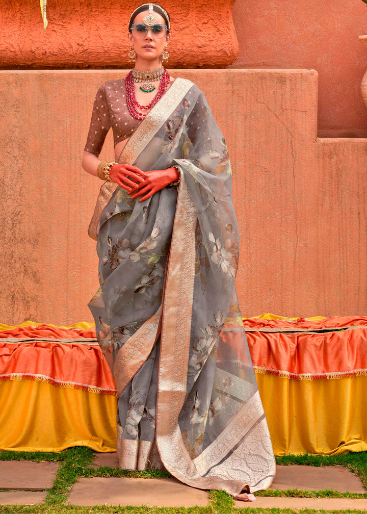 Beautiful Nobel Grey Floral Printed Designer Organza Silk Saree with intricate detailing and elegant design