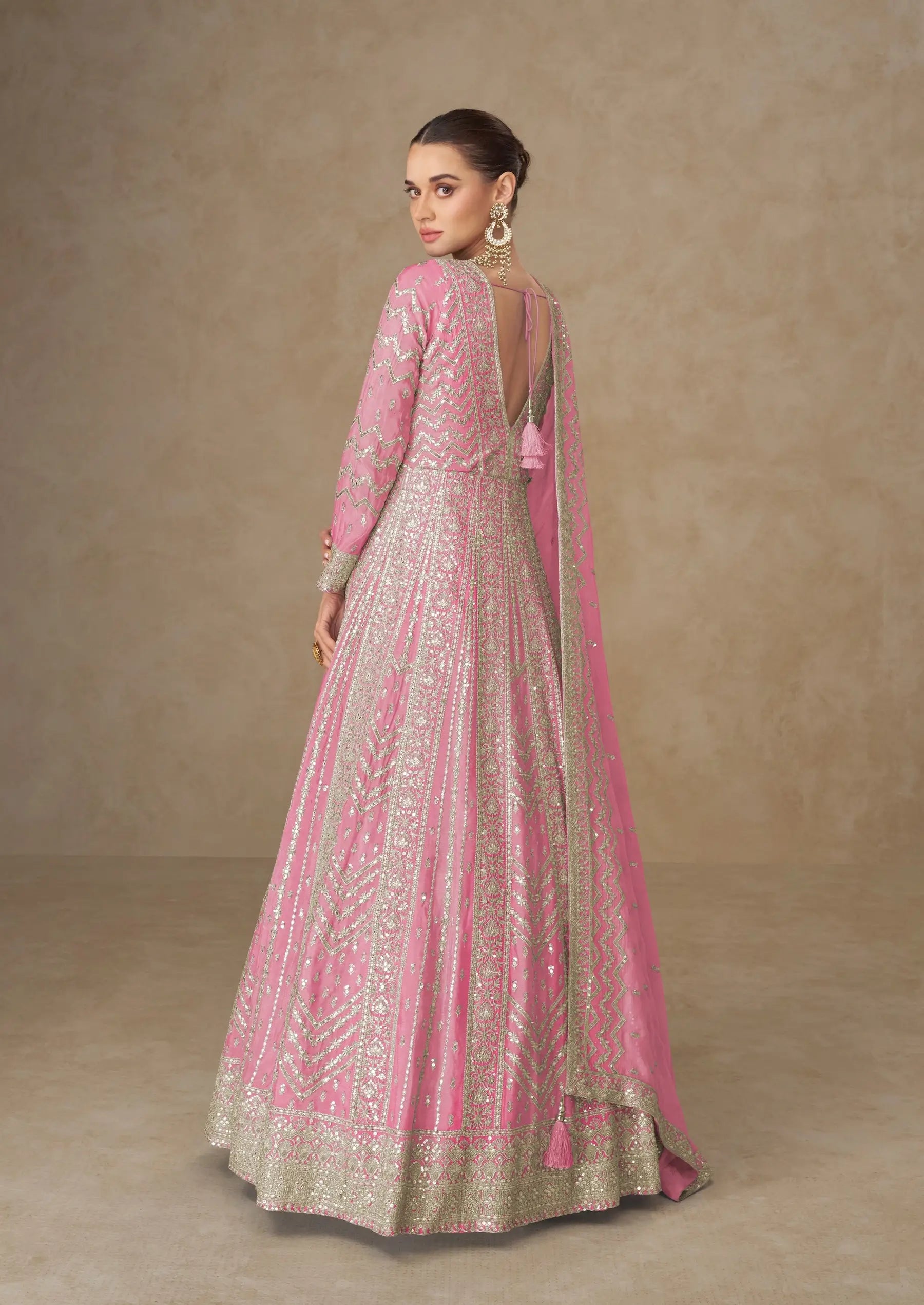 Daisy Pink Chinon Silk Embroidery Gown - qivii