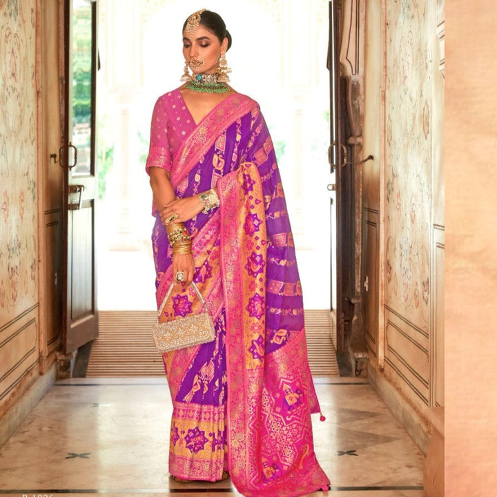 Dark Magenta Peacock Motif Banarasi brocade Reception Saree With Contrast Border