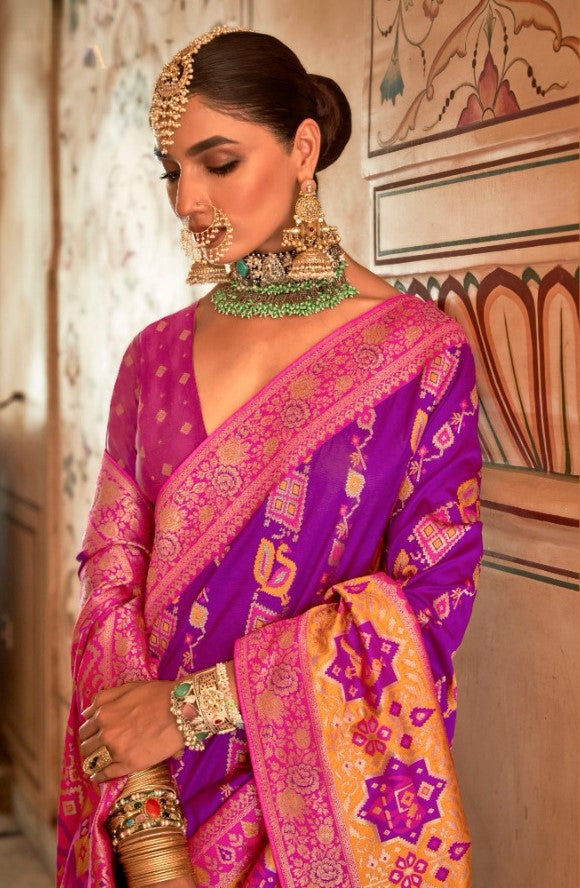 Dark Magenta Peacock Motif Banarasi brocade Reception Saree With Contrast Border