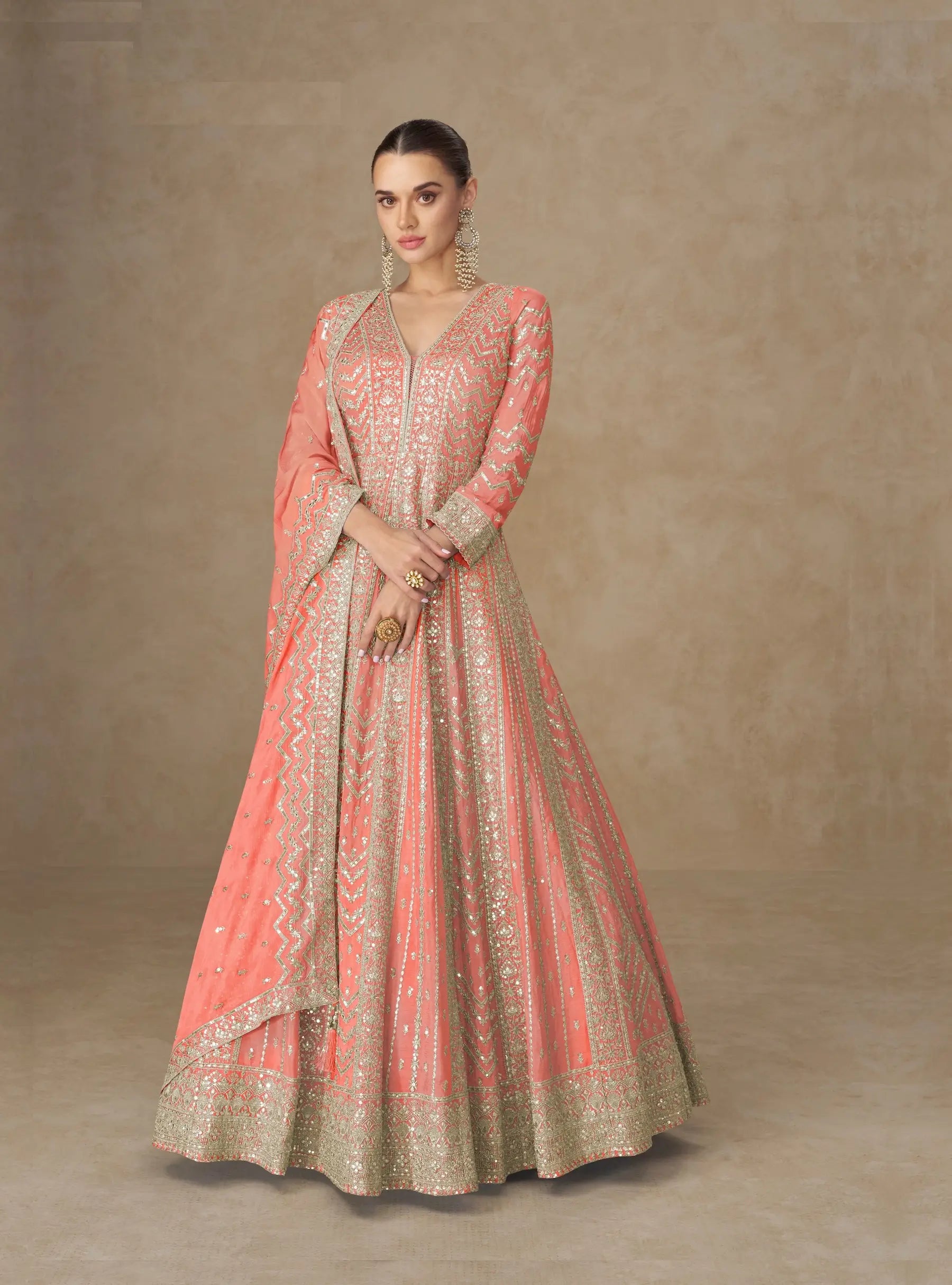 Dark Peach Chinon Silk Embroidery Gown - qivii