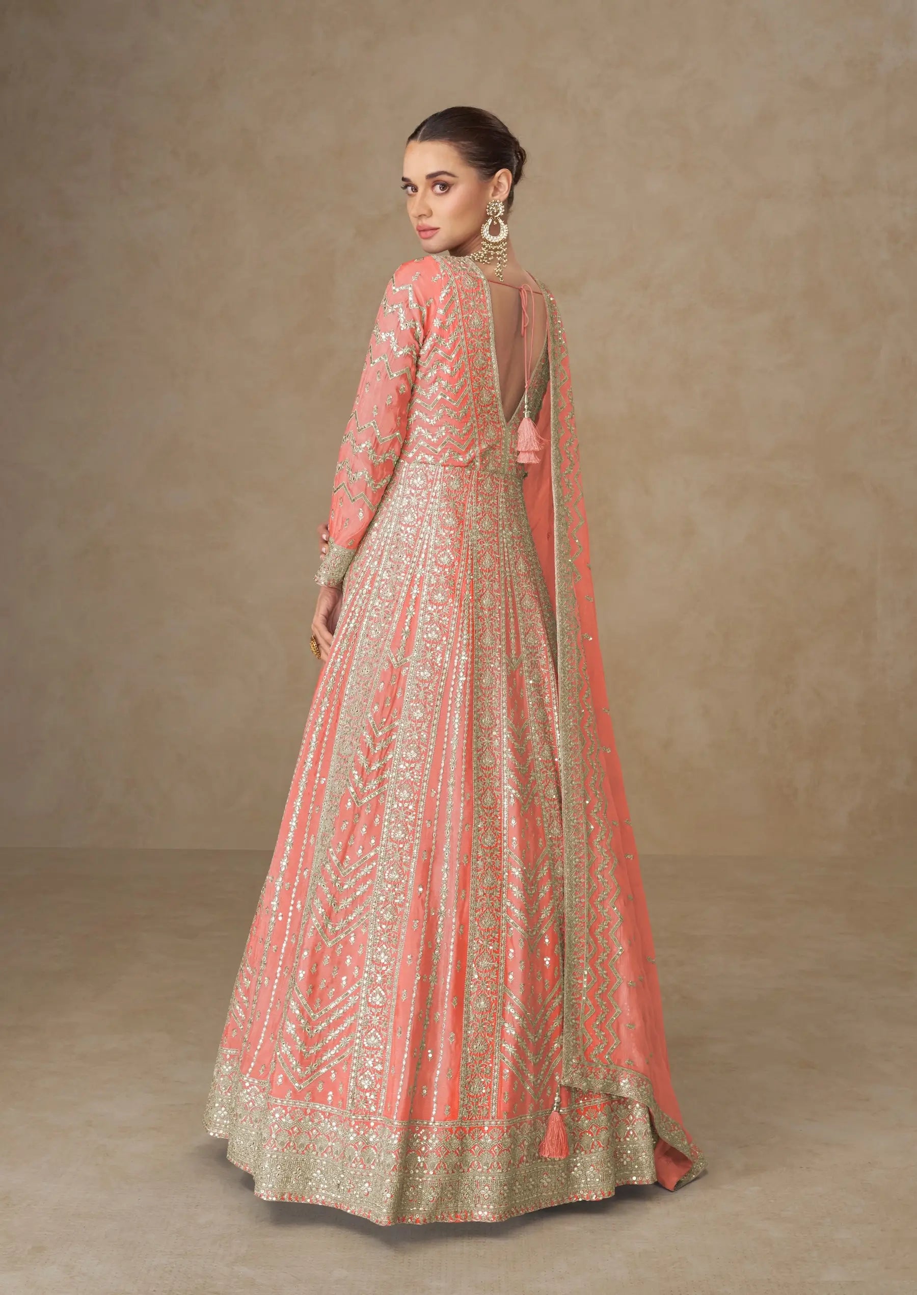 Dark Peach Chinon Silk Embroidery Gown - qivii