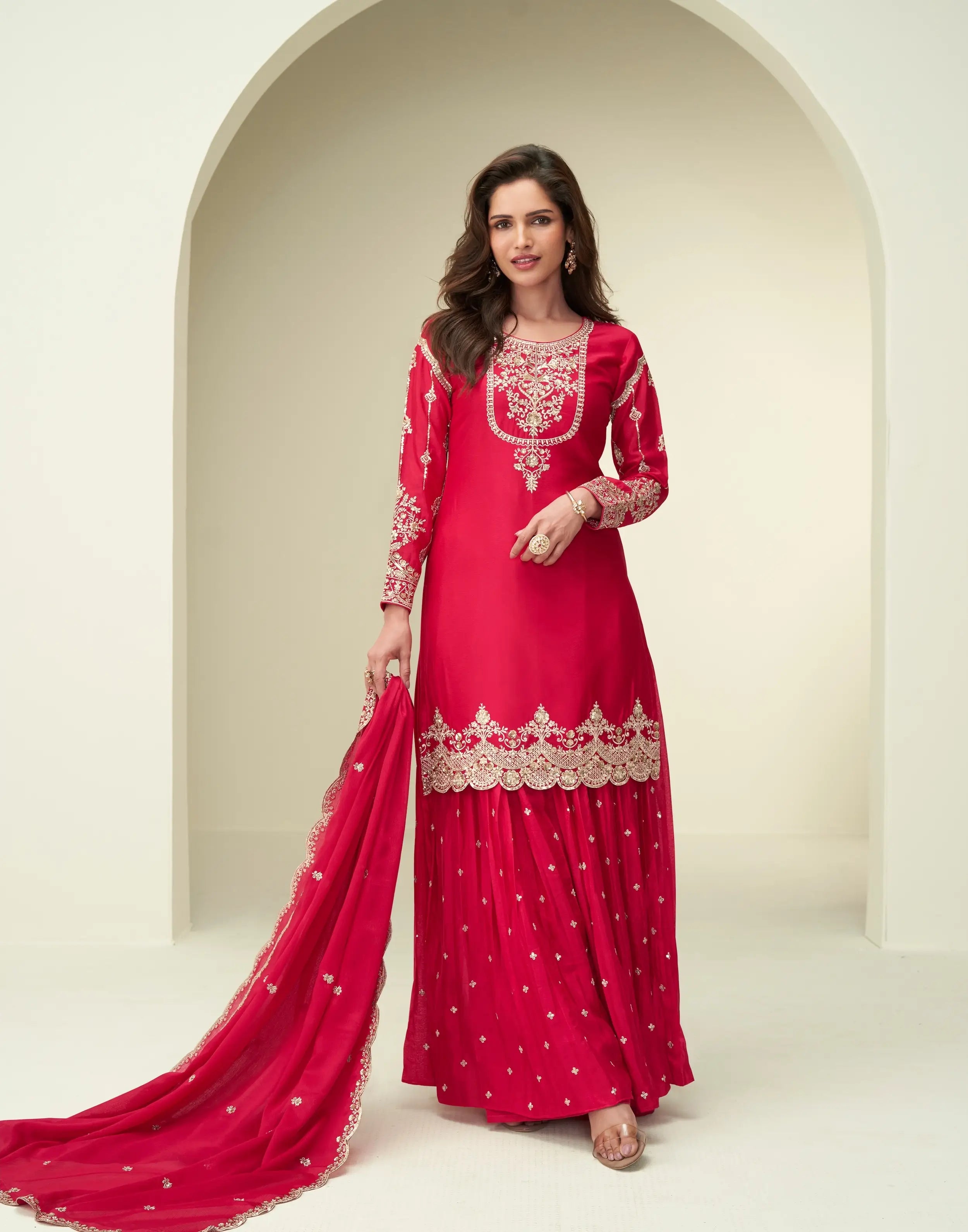 Red Chinon Silk Palazzo Suit With Embroidery Work - qivii