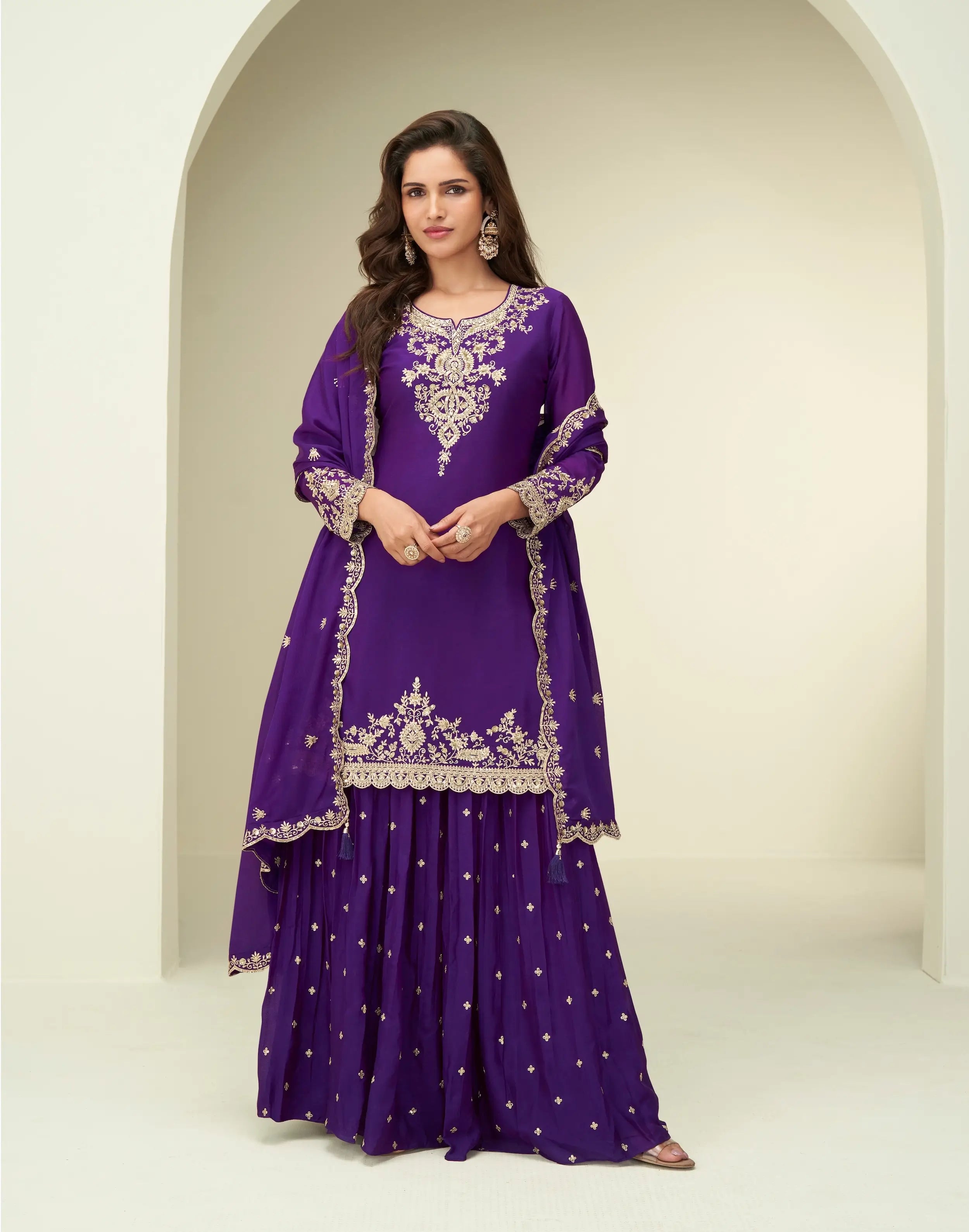 Purple Chinon Silk Palazzo Suit With Embroidery Work - qivii