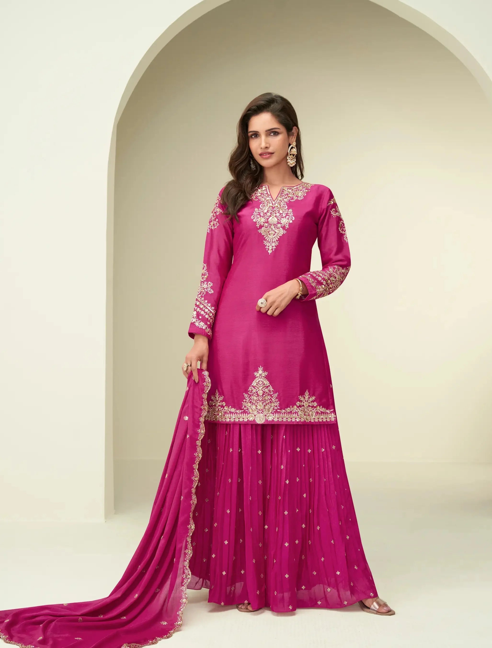 Dark Pink Chinon Silk Palazzo Suit With Embroidery Work - qivii