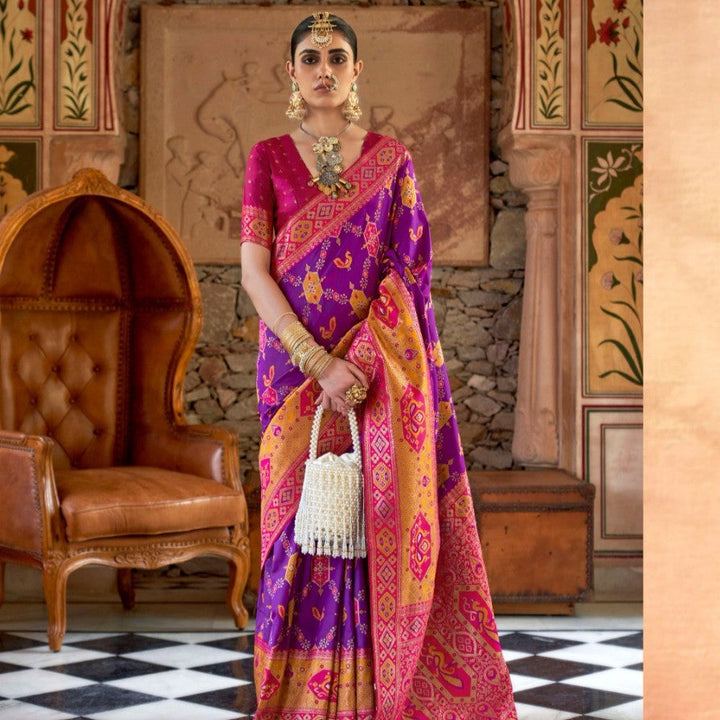 Rich Purple Peacock Motif Banarasi brocade Reception Saree With Contrast Border