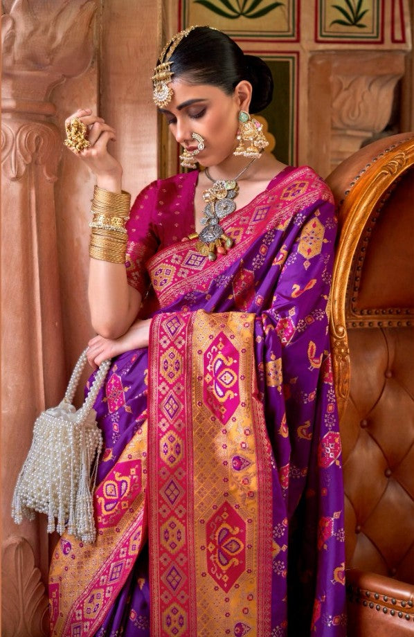 Rich Purple Peacock Motif Banarasi brocade Reception Saree With Contrast Border