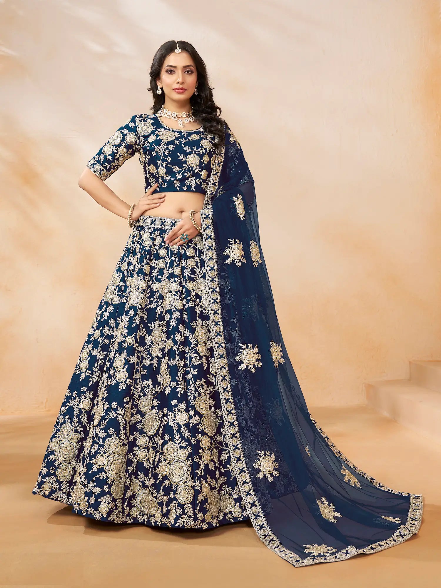 Navy Blue Art Silk Lehenga Choli With Thread & Sequence Embroidery Work - qivii