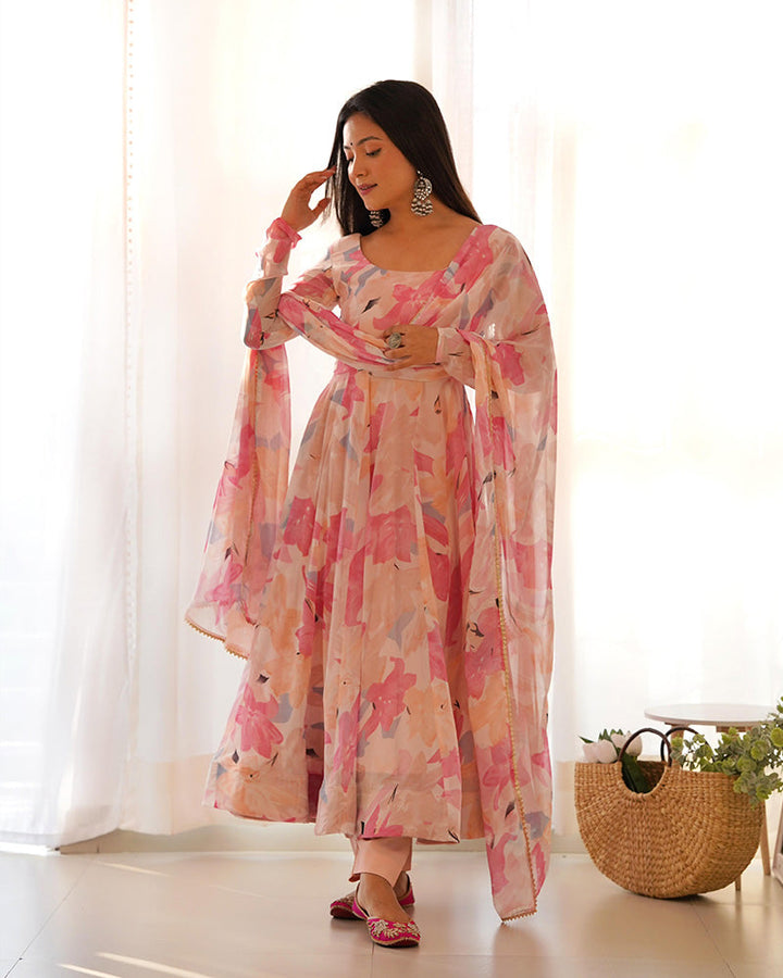 Beautiful Baby Pink Multi Color Georgette Three Piece Anarkali Suit  - By Qivii