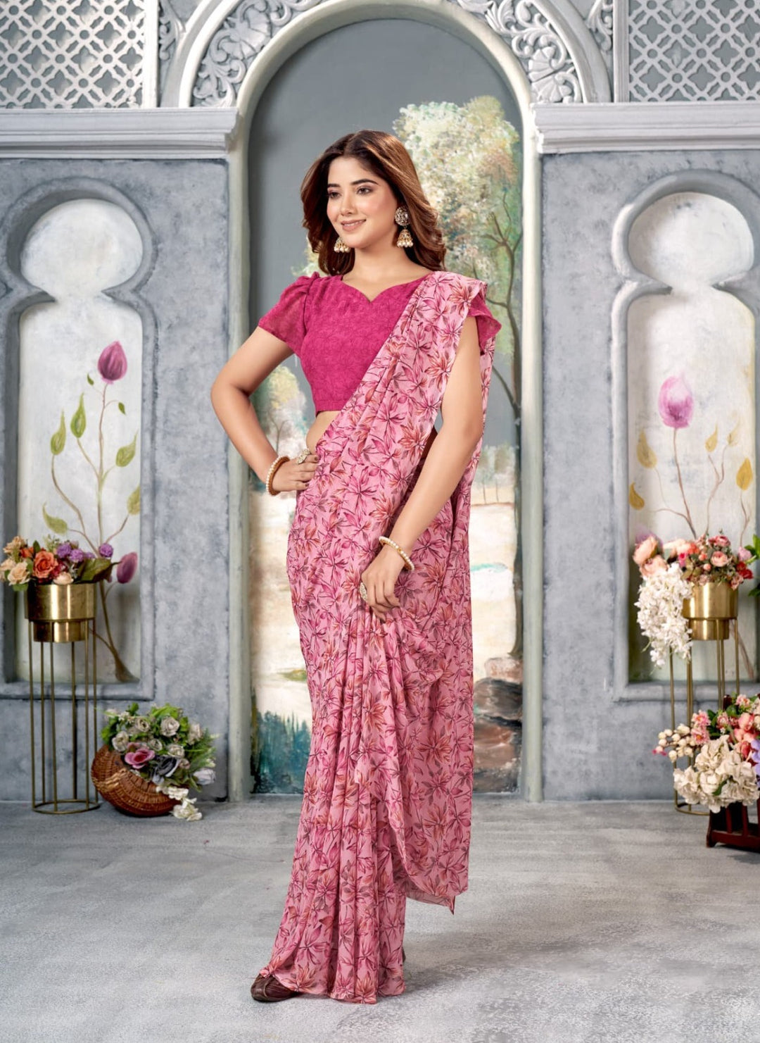 BEAUTIFUL PINK COLOUR ETHNIC FLORAL PRINTED WEIGHTLESS FABRIC SAREE