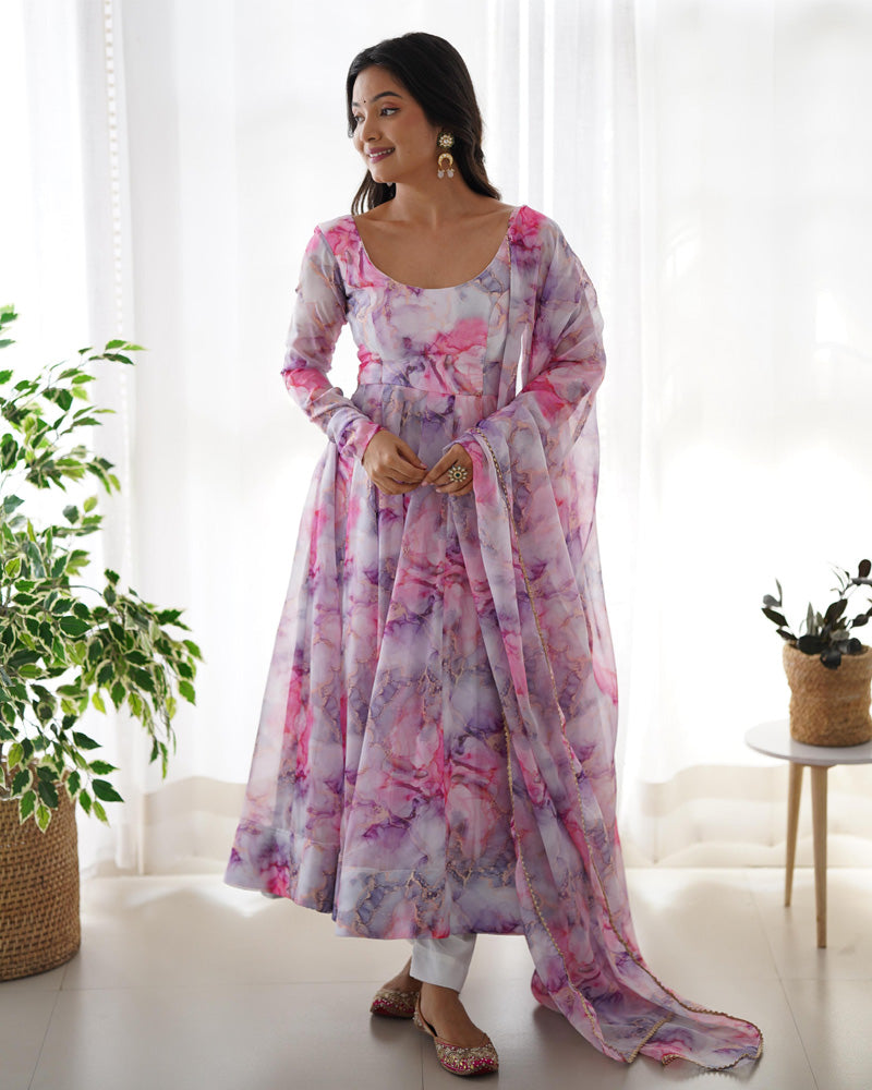 Printed Pink And White Kali Pattern Organza Silk Three-Piece Anarkali Suit  - By Qivii