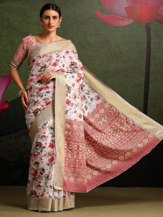 Women's Silk Blend White Printed Celebrity Saree With Blouse Piece