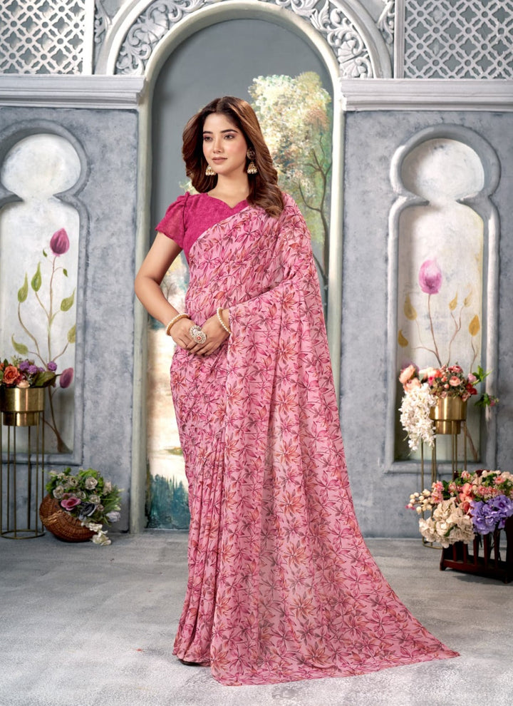 BEAUTIFUL PINK COLOUR ETHNIC FLORAL PRINTED WEIGHTLESS FABRIC SAREE