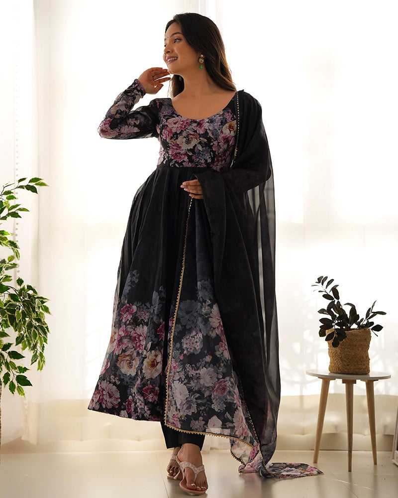 Black Color Floral Print Organza Three Piece Anarkali Suit  - By Qivii