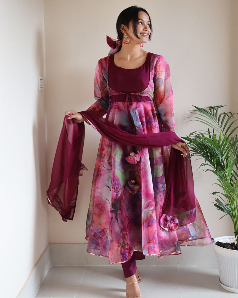 Rose Pink Color Digital Print Organza Three Piece Anarkali Suit  - By Qivii