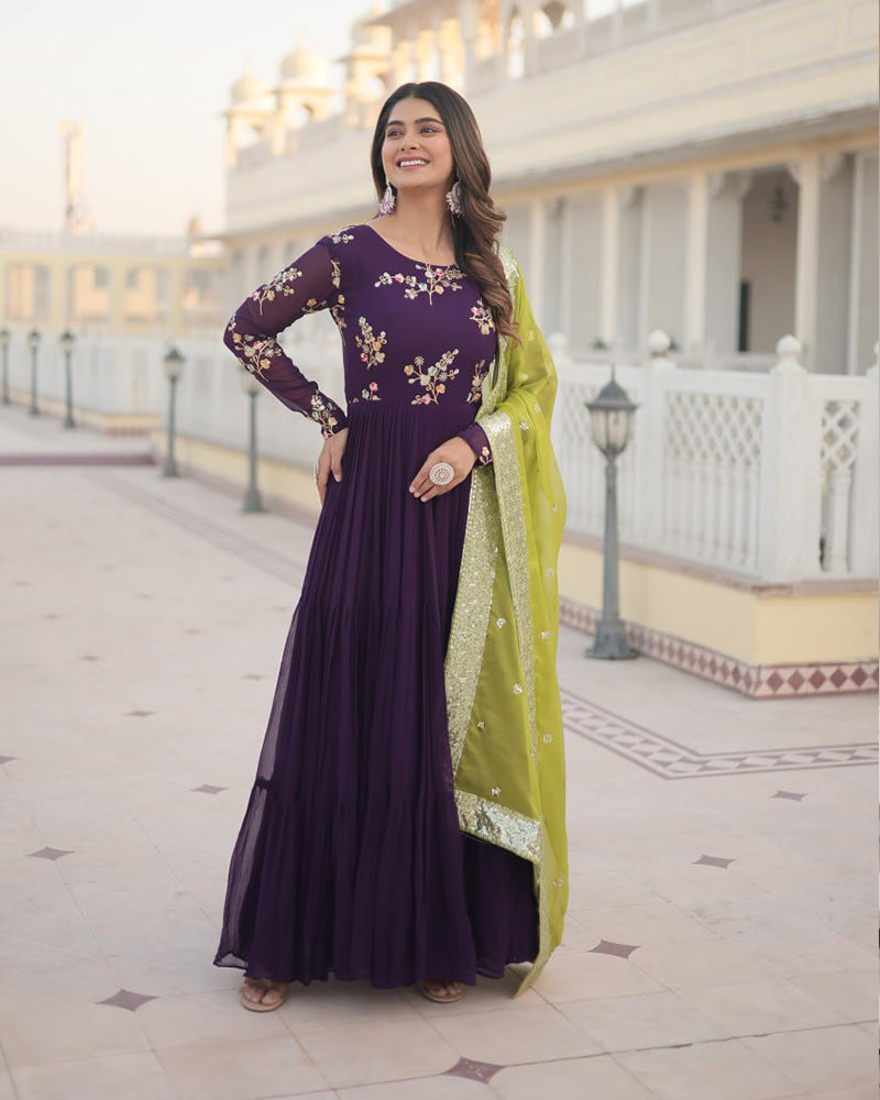 Wine Color Three layer Georgette Gown With Russian Silk Dupatta  - By Qivii