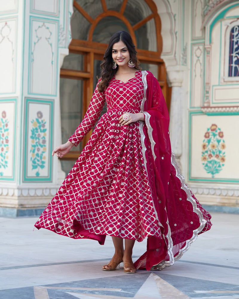 Designer Embroidery Work Rani Pink Color Anarkali Gown With Dupatta  - By Qivii