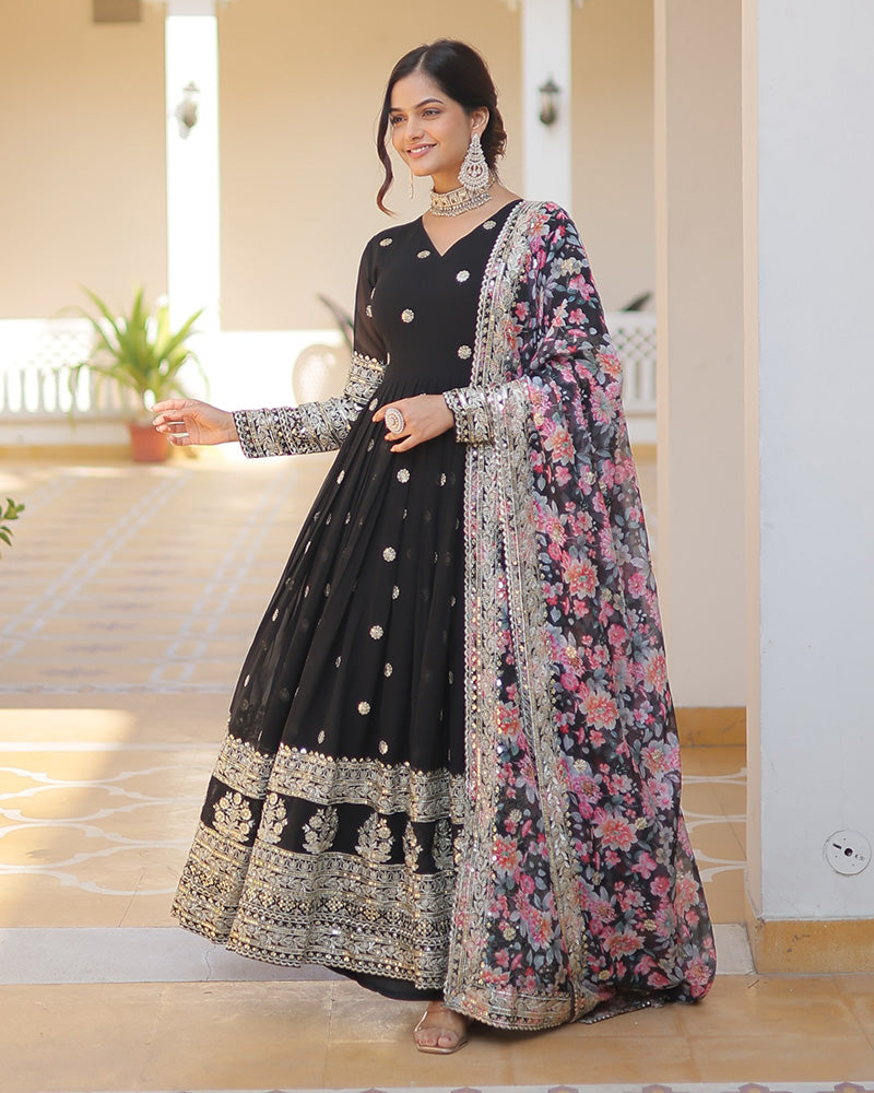 Black Color Faux Georgette Designer Gown With Dupatta  - By Qivii