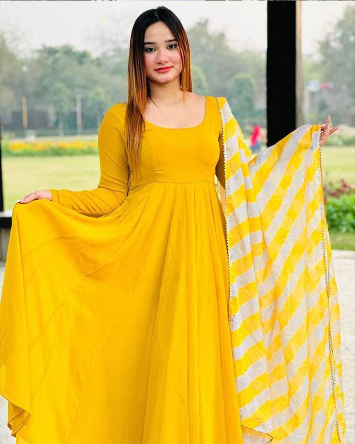 Yellow Color Georgette Anarkali Gown with Designer Dupatta  - By Qivii