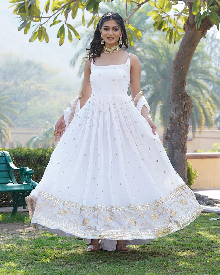 Designer White Color Blooming Sequence Embroidered work Gown  - By Qivii