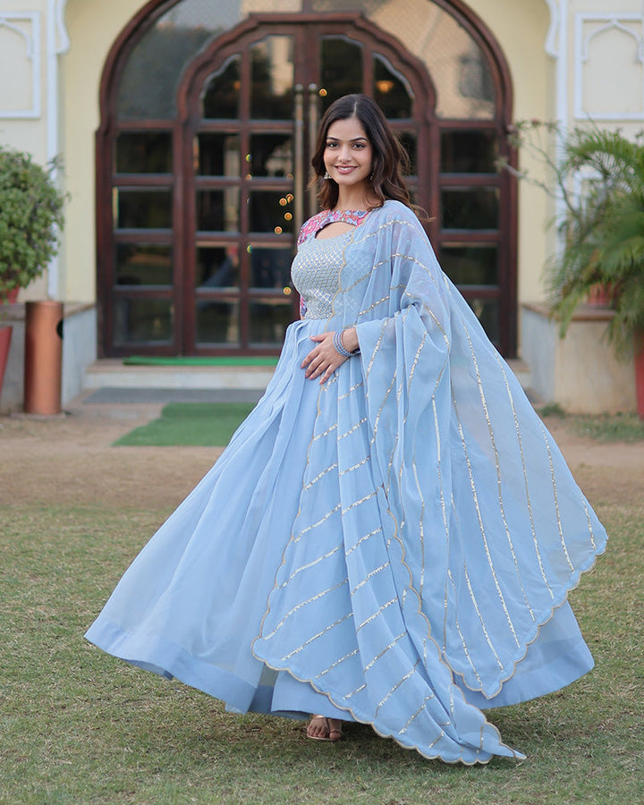 Sky Blue Color With Fancy Neck Faux Georgette Designer Anarkali Suit  - By Qivii