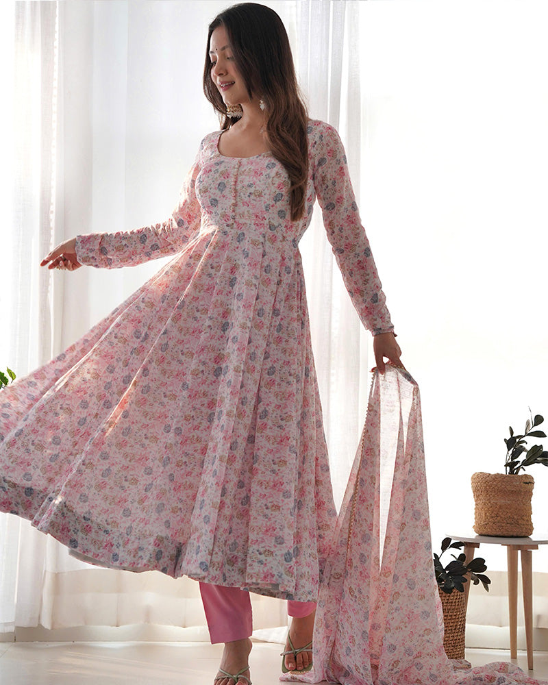 Beautiful baby pink heavy chiffon floral print three piece Anarkali suit by Qivii with full flair skirt