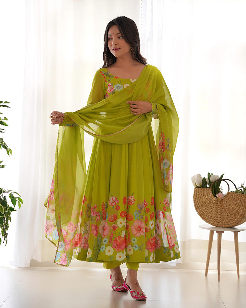 Neon Color Floral Print Organza Three Piece Anarkali Suit  - By Qivii