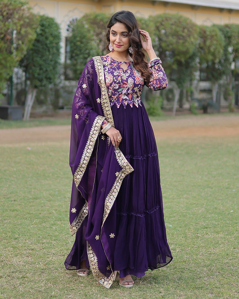 Purple Color Frill Georgette Gown With Dupatta  - By Qivii