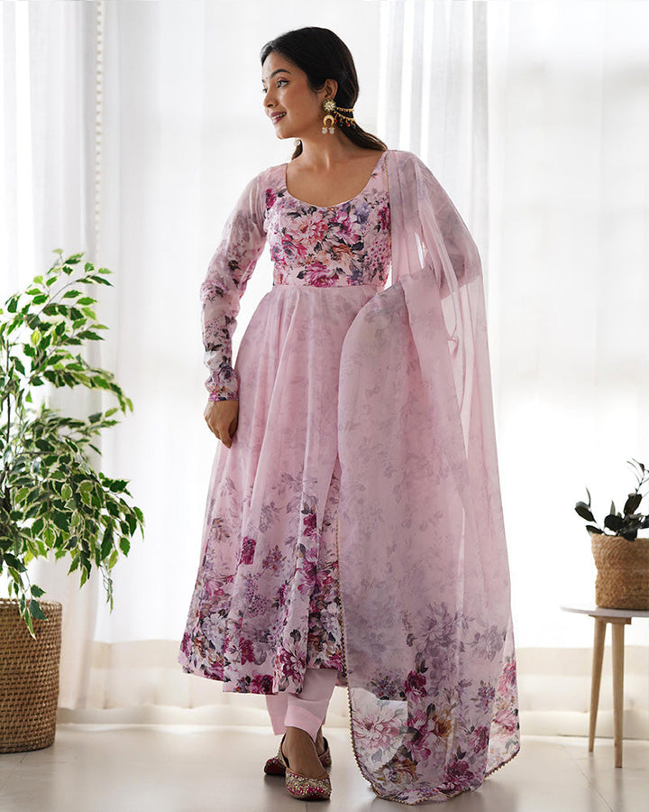 Baby Pink Color Floral Print Organza Three Piece Anarkali Suit  - By Qivii