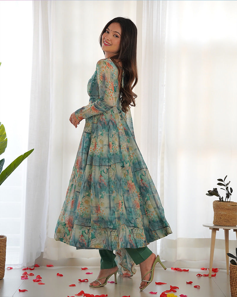 Bottle Green Color Floral Print Organza Three Piece Anarkali Suit  - By Qivii