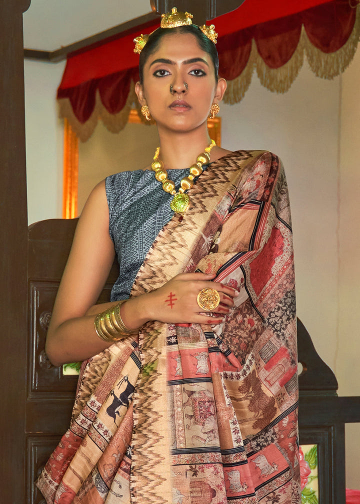 Brown & Blue Designer Printed Silk Saree