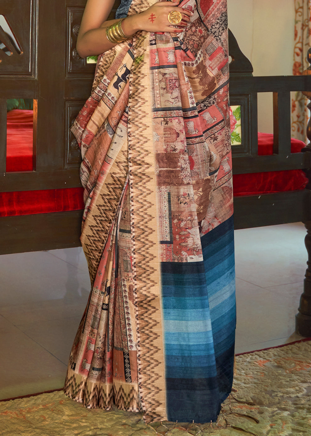 Brown & Blue Designer Printed Silk Saree