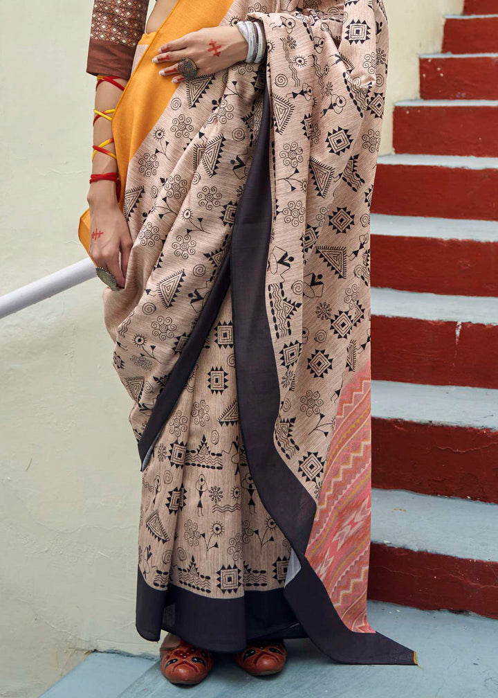 Ivory White Printed Designer Silk Saree