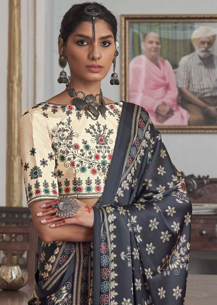 Ebony Black Gajji Silk Saree with Embroidery Blouse