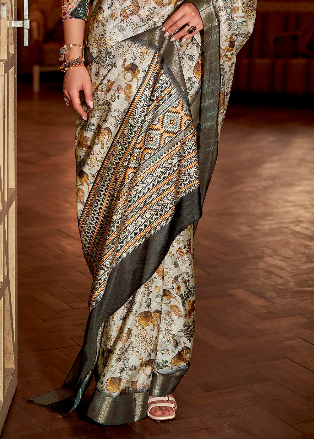 Pearl White Printed Zari woven Silk Saree