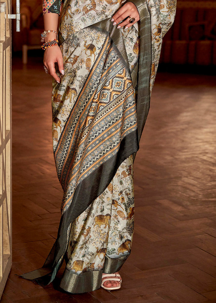 Pearl White Printed Zari woven Silk Saree