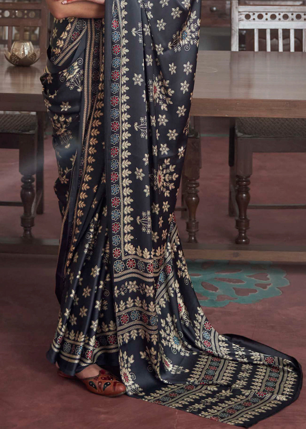 Ebony Black Gajji Silk Saree with Embroidery Blouse