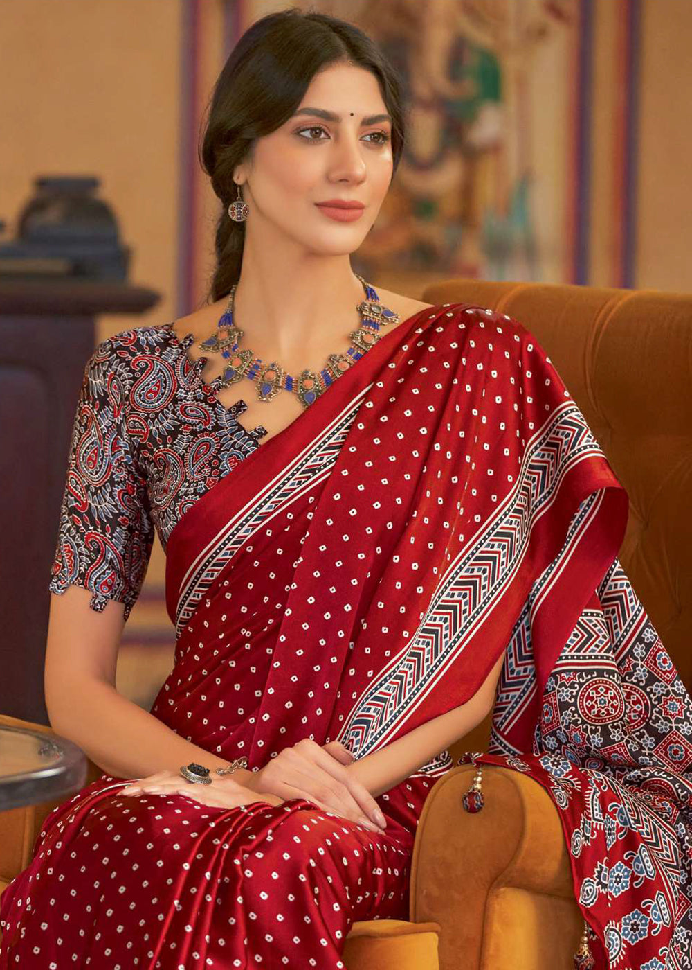 Crimson Red Ajrakh Printed Satin Crepe Saree:Summer Collection - qivii