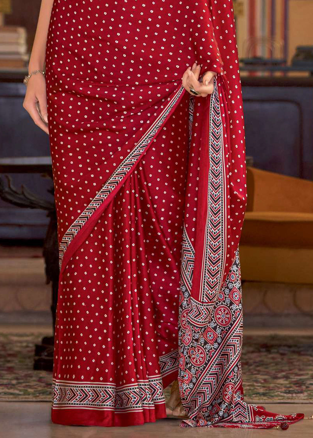 Crimson Red Ajrakh Printed Satin Crepe Saree:Summer Collection - qivii