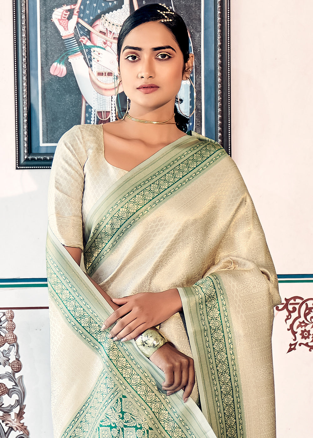 Off White & Green Zari Woven Kanjivaram Silk Saree - qivii