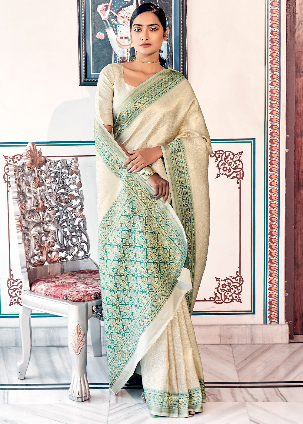Off White & Green Zari Woven Kanjivaram Silk Saree - qivii