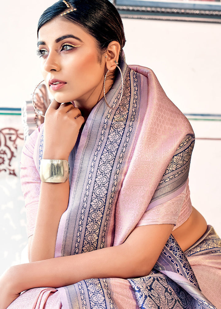 Light Pink & Blue Zari Woven Kanjivaram Silk Saree